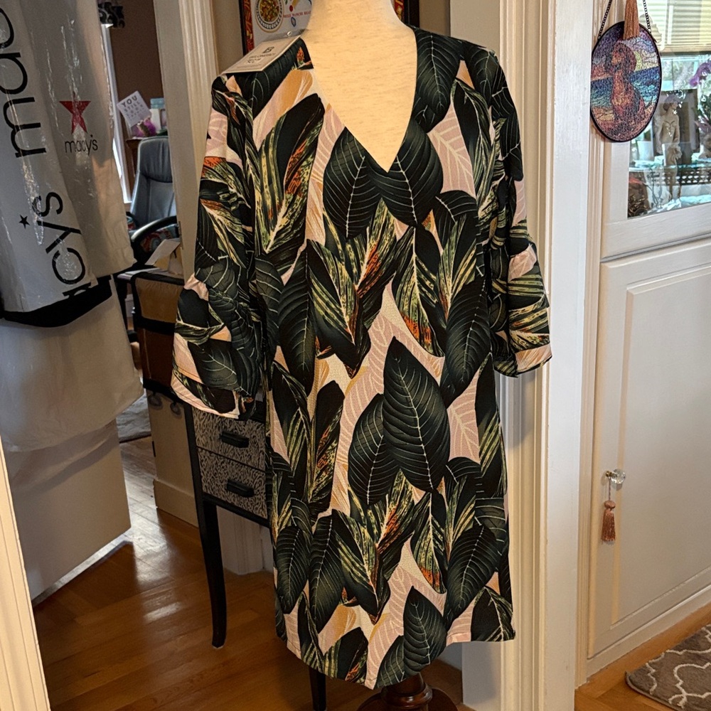 Tropical Leaf Print dress or tunic over leggings XL never worn size wi zip back